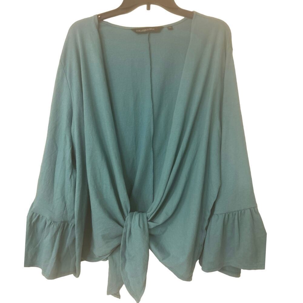 COLLEEN LOPEZ Blue Tie Front Ruffle Sleeve Open Front Blouse Size 2X NWOT
